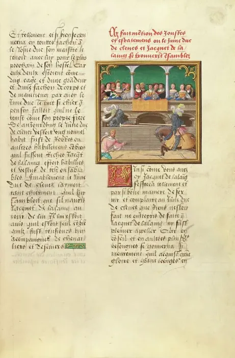 Framed Print : The Duke of Cleves and Jacques de Lalaing Jousting before the Duke of Burgundy, about 1530. Creator: Master of the Getty Lalaing Framed Print : The Duke of Cleves and Jacques de Lalaing Jousting before the Duke of Burgundy, about 1530. Creator: Master of the Getty Lalaing
