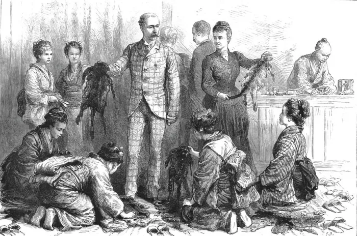 Framed Print : With the Duke and Duchess of Connaught in Japan- The Duke Buying Furs at Nikko, 1890. Creator: Unknown Framed Print : With the Duke and Duchess of Connaught in Japan- The Duke Buying Furs at Nikko, 1890. Creator: Unknown