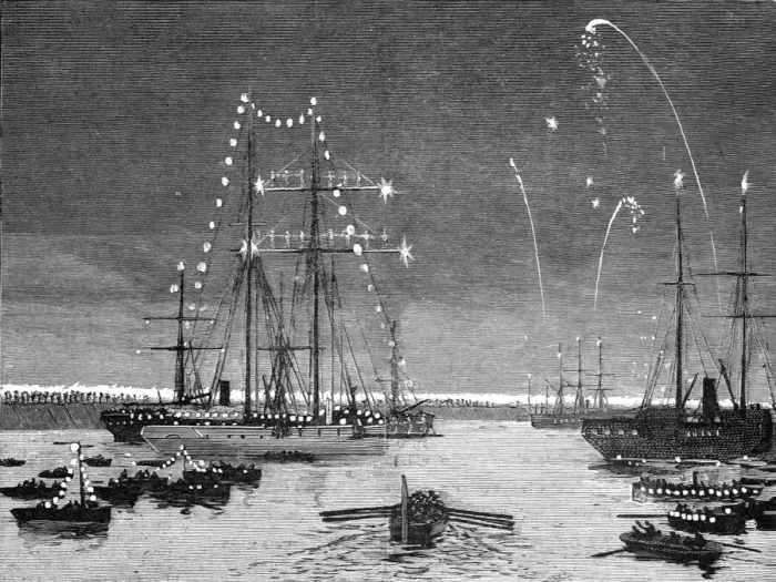 Framed Print : The Duke and Duchess of Connaught leaving Colombo Harbour at night, 1890. Creator: Unknown