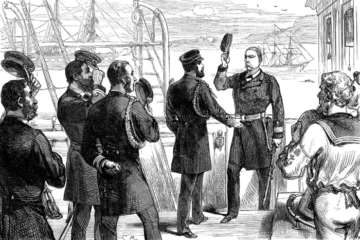 Framed Print : The Duke of Edinburgh receiving the Commander of the U.S. frigate Constellation at Queenstown, 1880. Creator: Unknown Framed Print : The Duke of Edinburgh receiving the Commander of the U.S. frigate Constellation at Queenstown, 1880. Creator: Unknown