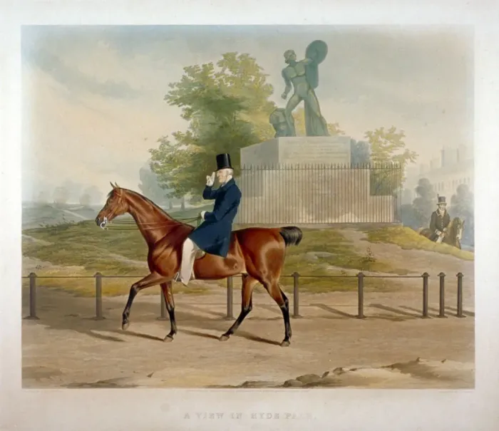 Framed Print : The Duke of Wellington riding past the Achilles statue in Hyde Park, London, 1844 Framed Print : The Duke of Wellington riding past the Achilles statue in Hyde Park, London, 1844
