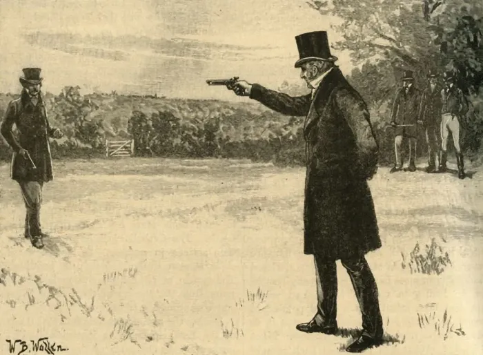 Framed Print : The Duke of Wellingtons duel with the Earl of Winchilsea, Battersea Fields, London, 1829 (c1890) Framed Print : The Duke of Wellingtons duel with the Earl of Winchilsea, Battersea Fields, London, 1829 (c1890)