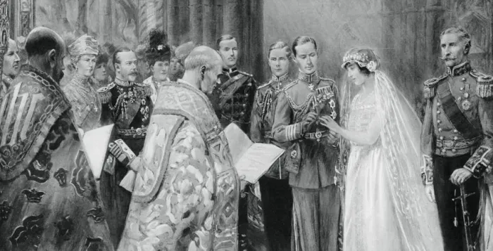 Framed Print : The Duke of York placing the ring on Lady Elizabeth Bowes-Lyons finger, 26 April 1923, (1937) Framed Print : The Duke of York placing the ring on Lady Elizabeth Bowes-Lyons finger, 26 April 1923, (1937)