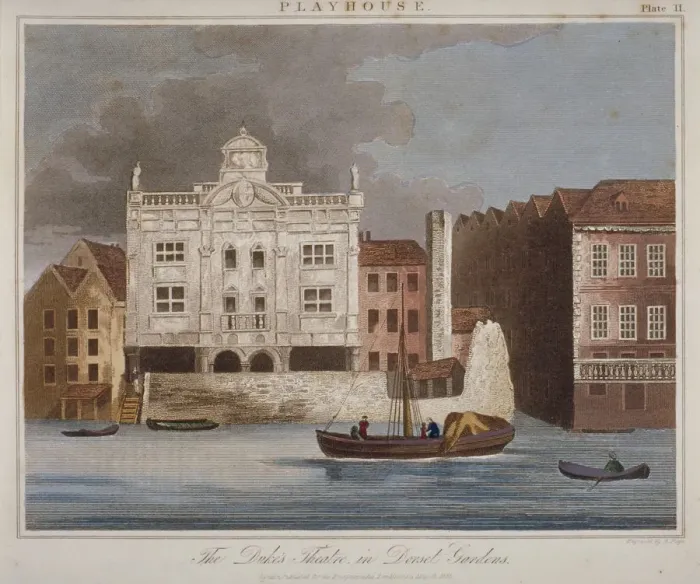 Framed Print : The Dukes Theatre, Dorset Gardens, from the River Thames, City of London, 1825