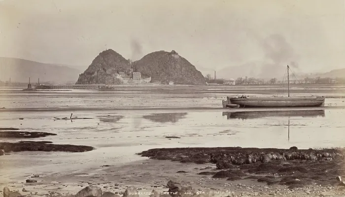 Framed Print : Dumbarton Castle and pier on the Clyde, between 1870 and 1880. Creator: James Valentine Framed Print : Dumbarton Castle and pier on the Clyde, between 1870 and 1880. Creator: James Valentine