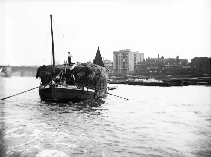 Framed Print : Dumpy barge on the Thames loaded with hay or esparto, London, c1905 Framed Print : Dumpy barge on the Thames loaded with hay or esparto, London, c1905