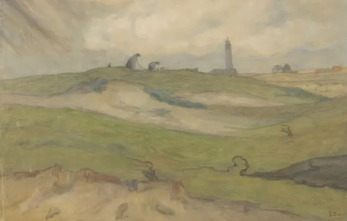 Framed Print : Dune landscape with lighthouse and people mending fishing nets, 1872-1944. Creator: Frans Smissaert Framed Print : Dune landscape with lighthouse and people mending fishing nets, 1872-1944. Creator: Frans Smissaert