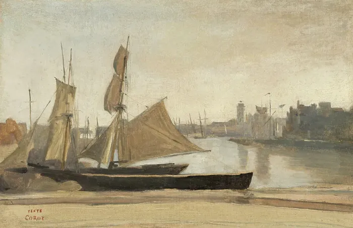 Framed Print : Dunkerque, Fishing Boats Tied To The Wharf, c1830. Creator: Jean-Baptiste-Camille Corot Framed Print : Dunkerque, Fishing Boats Tied To The Wharf, c1830. Creator: Jean-Baptiste-Camille Corot