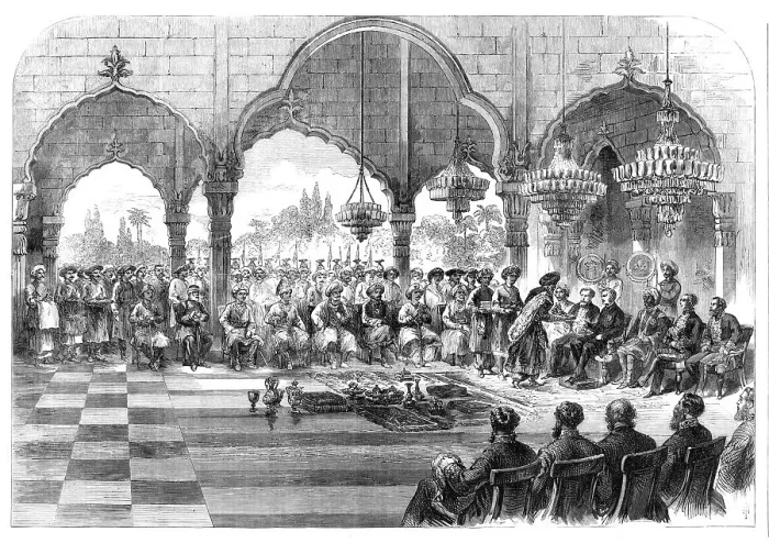 Framed Print : The Durbar at Lucknow: return visit of the Governor-General to the Rajah of Kapoorthulla... 1868. Creator: Unknown Framed Print : The Durbar at Lucknow: return visit of the Governor-General to the Rajah of Kapoorthulla... 1868. Creator: Unknown