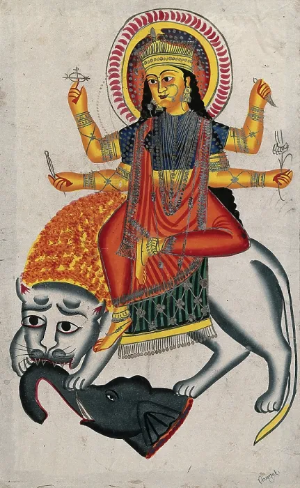 Framed Print : Durga riding on her lion killing a demon, (between 1800 and 1899?). Creator: Unknown Framed Print : Durga riding on her lion killing a demon, (between 1800 and 1899?). Creator: Unknown