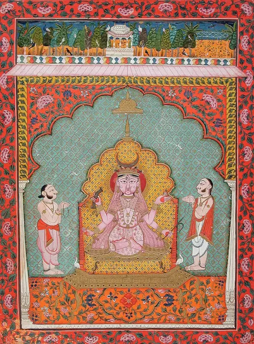 Framed Print : Durga Being Worshipped by Two Devotees (image 1 of 3), c1850. Creator: Unknown Framed Print : Durga Being Worshipped by Two Devotees (image 1 of 3), c1850. Creator: Unknown