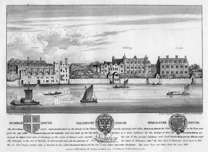 Framed Print : Durham House, Salisbury House, and Worcester House, London, c1630 (1808) Framed Print : Durham House, Salisbury House, and Worcester House, London, c1630 (1808)