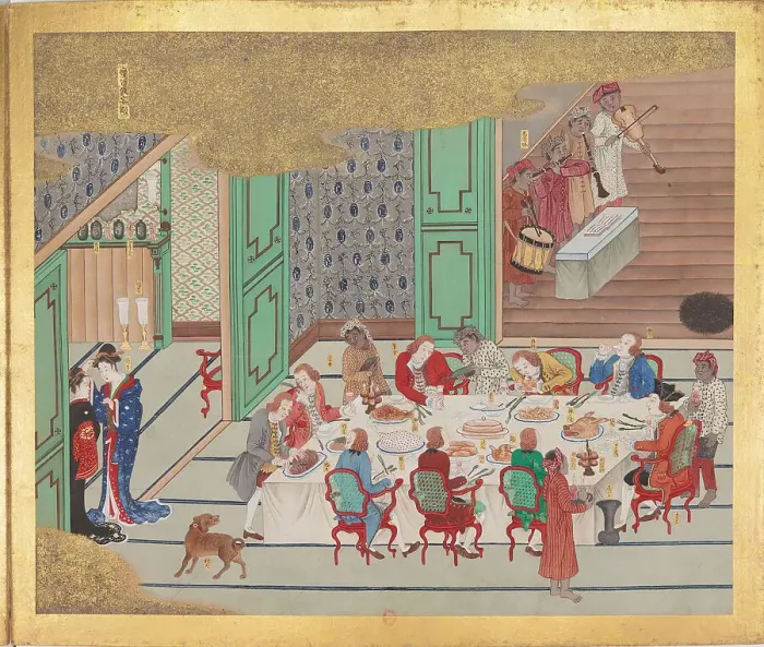 Framed Print : Dutch Banquet at Christmas Eve. From Bankan-Zu, Smith-Lesouëf Japonais 188, 1797. Creator: Ishizaki, Yushi (1768-1846) Framed Print : Dutch Banquet at Christmas Eve. From Bankan-Zu, Smith-Lesouëf Japonais 188, 1797. Creator: Ishizaki, Yushi (1768-1846)