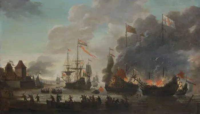 Framed Print : The Dutch Burning English Ships during the Dutch Raid on the Medway, 20 June 1667, 1667-1669. Creator: Jan van Leyden Framed Print : The Dutch Burning English Ships during the Dutch Raid on the Medway, 20 June 1667, 1667-1669. Creator: Jan van Leyden