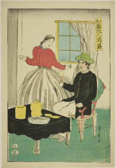 Framed Print : Dutch Couple Drinking Wine (Orandajin sakamori), 1861. Creator: Yoshikazu Framed Print : Dutch Couple Drinking Wine (Orandajin sakamori), 1861. Creator: Yoshikazu