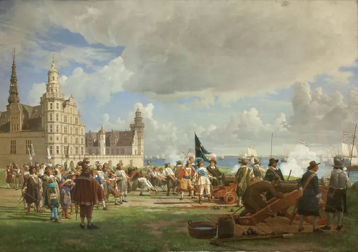 Framed Print : The Dutch fleet under Admiral Opdam passes the Sound on 29 Oct 1658 during the Swedish War, 1872. Creator: Johan Ludvig Gebhard Lund Framed Print : The Dutch fleet under Admiral Opdam passes the Sound on 29 Oct 1658 during the Swedish War, 1872. Creator: Johan Ludvig Gebhard Lund