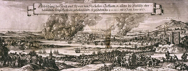 Dutch fleet sailing up the Medway River to bombard Chatham and Rochester in 1667, c1667