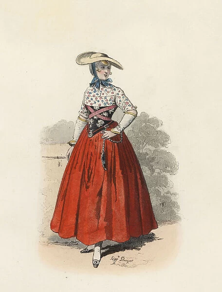 Dutch gardener woman, color engraving 1870