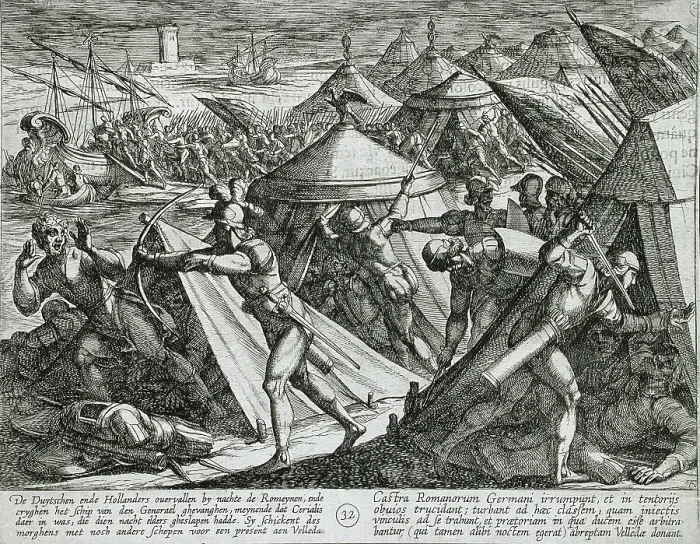 Framed Print : Dutch and Germans Attack the Roman Camp and Capture Cerialis Boat, Publshed 1612. Creator: Antonio Tempesta Framed Print : Dutch and Germans Attack the Roman Camp and Capture Cerialis Boat, Publshed 1612. Creator: Antonio Tempesta