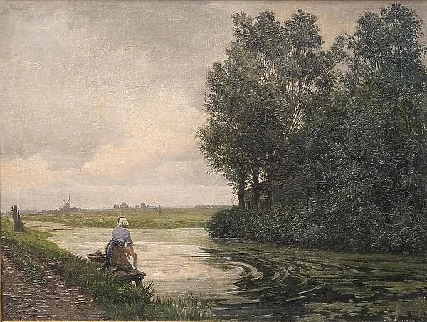Dutch landscape; a girl washes by a canal, 1876. Creator: Edvard Frederik Petersen