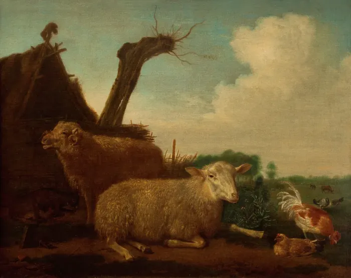 Framed Print : Dutch landscape with sheep, ram, goat, and poulty in front of a hut, 1658. Creator: Unknown Framed Print : Dutch landscape with sheep, ram, goat, and poulty in front of a hut, 1658. Creator: Unknown