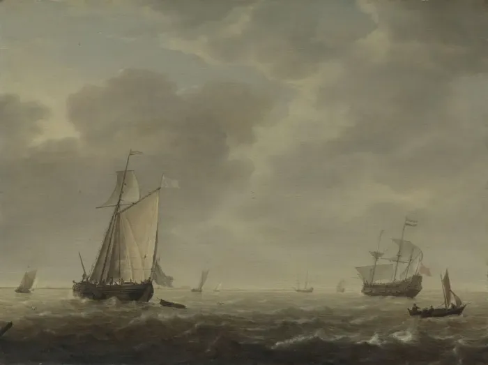 Framed Print : A Dutch Man-of-war and Various Vessels in a Breeze, c. 1640. Artist: Vlieger, Simon de (1601-1653) Framed Print : A Dutch Man-of-war and Various Vessels in a Breeze, c. 1640. Artist: Vlieger, Simon de (1601-1653)
