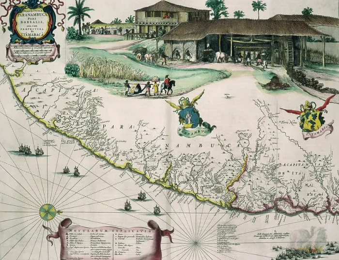 Framed Print : Dutch map of Brazil, with view of a sugar plantation, c1720. Creator: Unknown Framed Print : Dutch map of Brazil, with view of a sugar plantation, c1720. Creator: Unknown