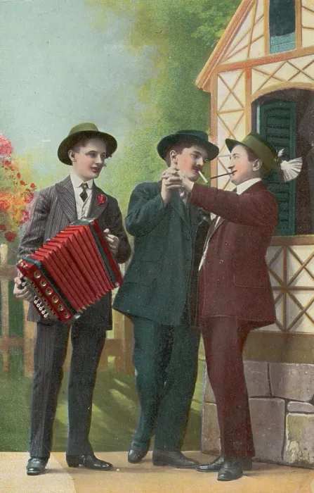 Framed Print : Two Dutch men dancing together, accompanied by an accordionist, (between 1900 and 1909?). Creator: Unknown Framed Print : Two Dutch men dancing together, accompanied by an accordionist, (between 1900 and 1909?). Creator: Unknown