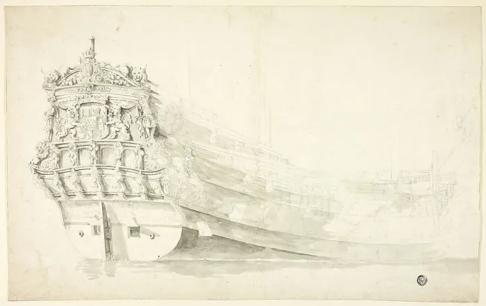 Framed Print : Dutch Ship with Ornamental Prow Seen from Starboard Quarter, n.d. Creator: Willem van de Velde I Framed Print : Dutch Ship with Ornamental Prow Seen from Starboard Quarter, n.d. Creator: Willem van de Velde I