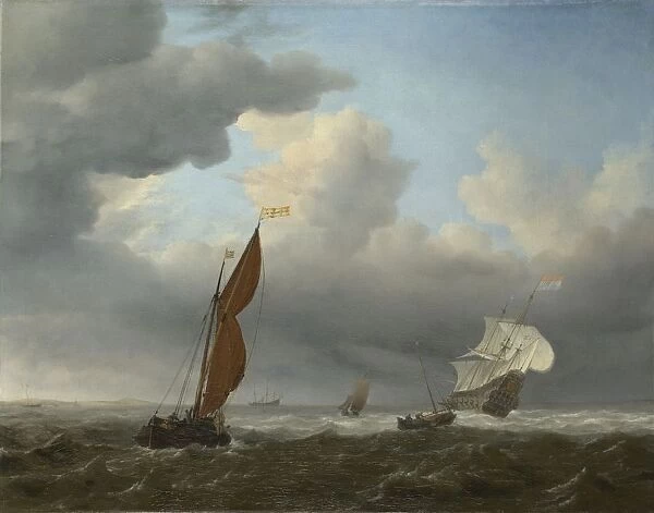 A Dutch Ship and Other Small Vessels in a Strong Breeze, 1658. Artist: Velde, Willem van de, the Younger (1633-1707)