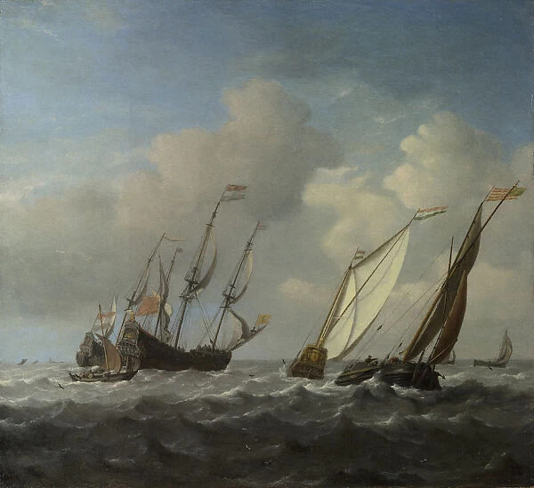 A Dutch Ship, a Yacht and Smaller Vessels in a Breeze, c. 1660. Artist: Velde, Willem van de, the Younger (1633-1707)