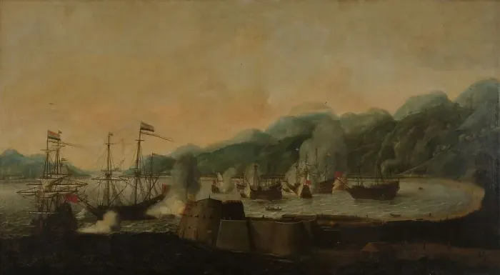 Framed Print : A Dutch Squadron under the Command of Cornelis Simonsz van der Veer Carrying Out a Surprise Attack o Creator: Hendrick van Anthonissen