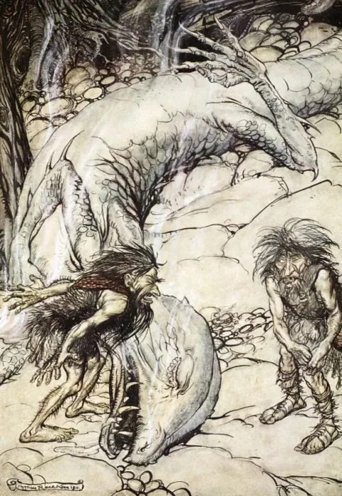 Framed Print : The dwarves quarrelling over the body of Fafner, 1924. Artist: Arthur Rackham Framed Print : The dwarves quarrelling over the body of Fafner, 1924. Artist: Arthur Rackham