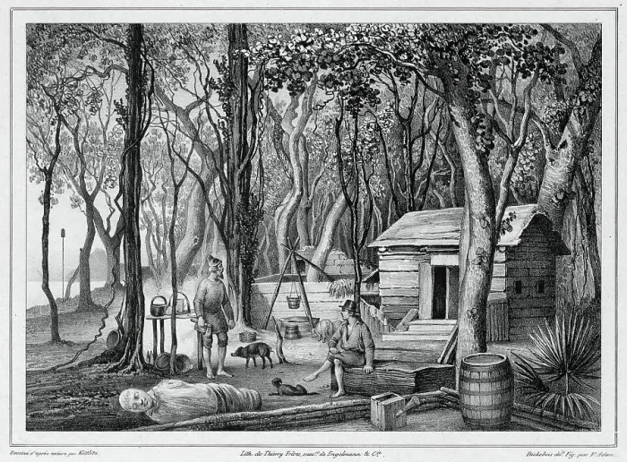 Framed Print : Dwelling of Two Shipwrecked Europeans in Port Lloyd of Peel Island, Bonin Islands, 19th century. Creators: Friedrich Heinrich Kittlitz, Victor Adam, Louis-Pierre-Alphonse Bichebois, Godefroy Engelmann Framed Print : Dwelling of Two Shipwrecked Europeans in Port Lloyd of Peel Island, Bonin Islands, 19th century. Creators: Friedrich Heinrich Kittlitz, Victor Adam, Louis-Pierre-Alphonse Bichebois, Godefroy Engelmann