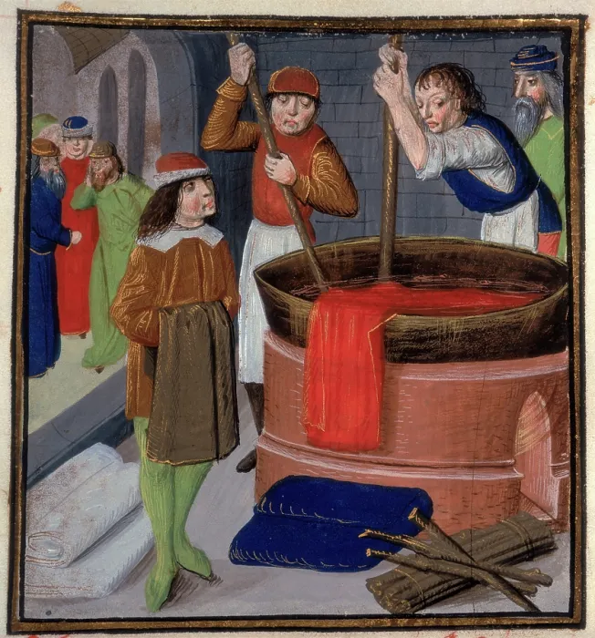 Framed Print : Dyers soaking red cloth in a heated barrel, 1482. Creator: Unknown Framed Print : Dyers soaking red cloth in a heated barrel, 1482. Creator: Unknown