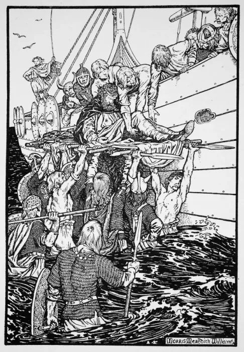 Framed Print : The dying King Haakon carried to his ship, 961 (1913). Artist: Morris Meredith Williams Framed Print : The dying King Haakon carried to his ship, 961 (1913). Artist: Morris Meredith Williams