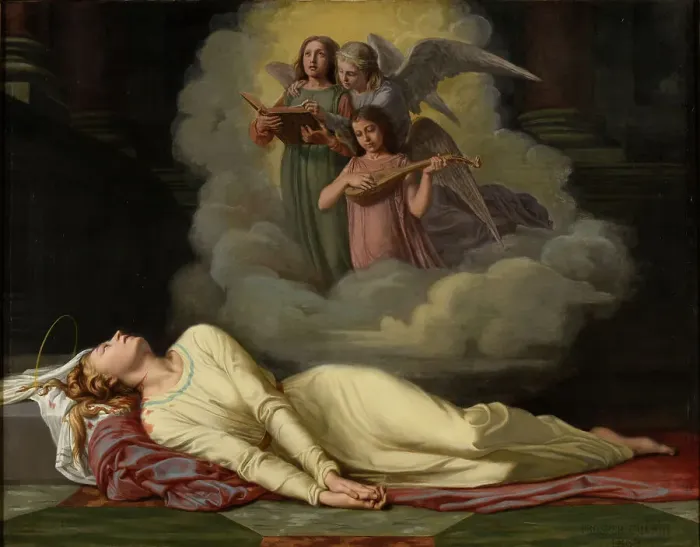 Framed Print : Dying Saint Cecilia hears a celestial concert, 1869. Creator: Guérin, Prosper (1838-1912) Framed Print : Dying Saint Cecilia hears a celestial concert, 1869. Creator: Guérin, Prosper (1838-1912)