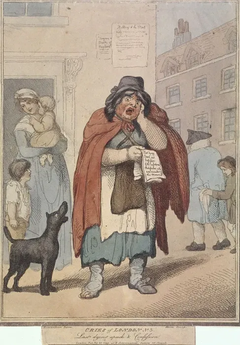 Framed Print : Last dying speech and Confession, plate III of Cries of London, 1799. Artist: H Merke Framed Print : Last dying speech and Confession, plate III of Cries of London, 1799. Artist: H Merke