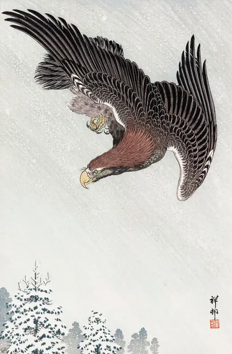 Framed Print : Eagle in flight against a snowy sky, c1933. Creator: Ohara Koson Framed Print : Eagle in flight against a snowy sky, c1933. Creator: Ohara Koson