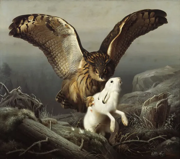 Framed Print : An Eagle-Owl Seizes a Hare, 1860. Creator: Ferdinand von Wright Framed Print : An Eagle-Owl Seizes a Hare, 1860. Creator: Ferdinand von Wright