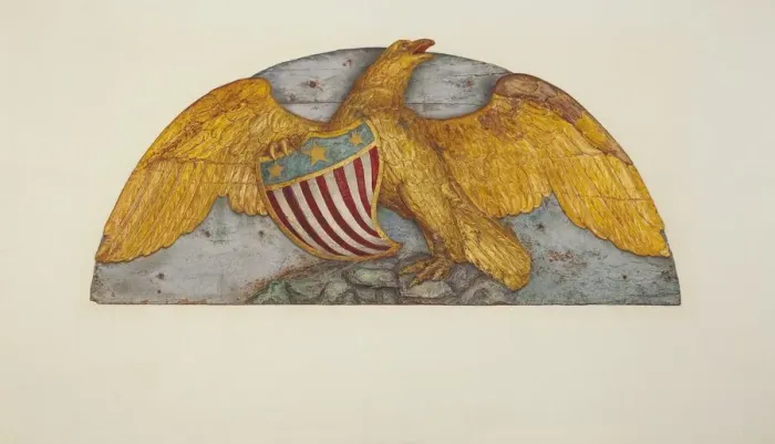 Framed Print : Eagle from Paddle Wheel Cover of Island Home, c. 1937. Creator: Alfred H Framed Print : Eagle from Paddle Wheel Cover of Island Home, c. 1937. Creator: Alfred H