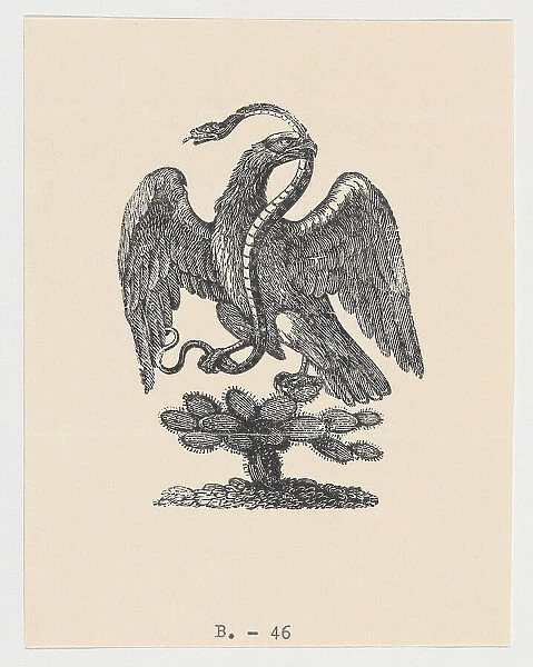 An eagle resting on a cactus holding a snake in its beak (from the Mexican coat of... ca 1900-1910. Creators: Anon, José Guadalupe Posada)