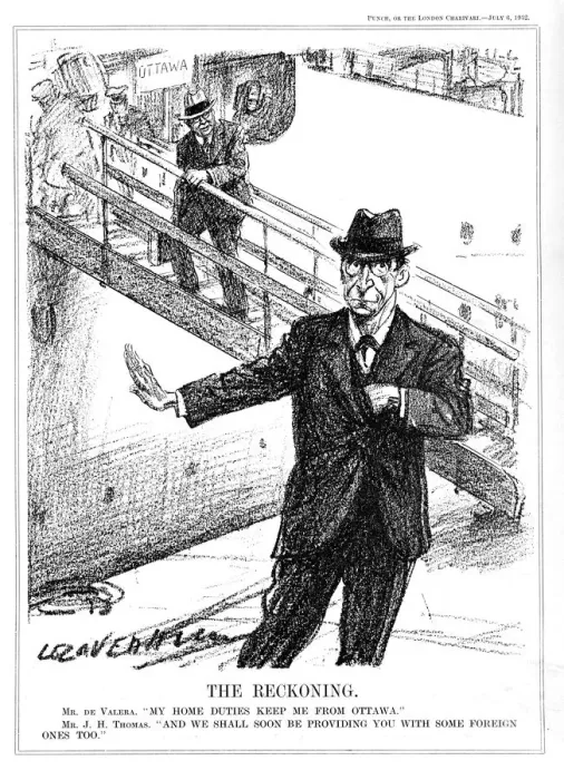 Framed Print : Eamon De Valera declining the opportunity to attend the Ottawa Conference, 1932. Artist: Leonard Raven-Hill Framed Print : Eamon De Valera declining the opportunity to attend the Ottawa Conference, 1932. Artist: Leonard Raven-Hill