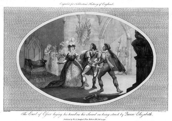 The Earl of Essex laying his hand on his sword on being struck by Queen Elizabeth, (1792).Artist: Wooding