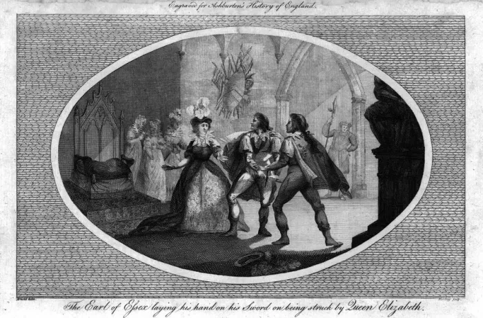 Framed Print : The Earl of Essex laying his hand on his Sword on being struck by Queen Elizabeth Framed Print : The Earl of Essex laying his hand on his Sword on being struck by Queen Elizabeth