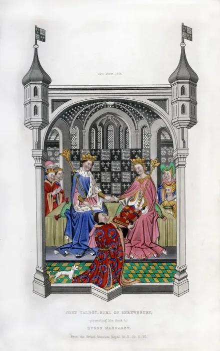 Framed Print : The Earl of Shrewsbury presenting his book to Queen Margaret, c1445, (1843). Artist: Henry Shaw Framed Print : The Earl of Shrewsbury presenting his book to Queen Margaret, c1445, (1843). Artist: Henry Shaw