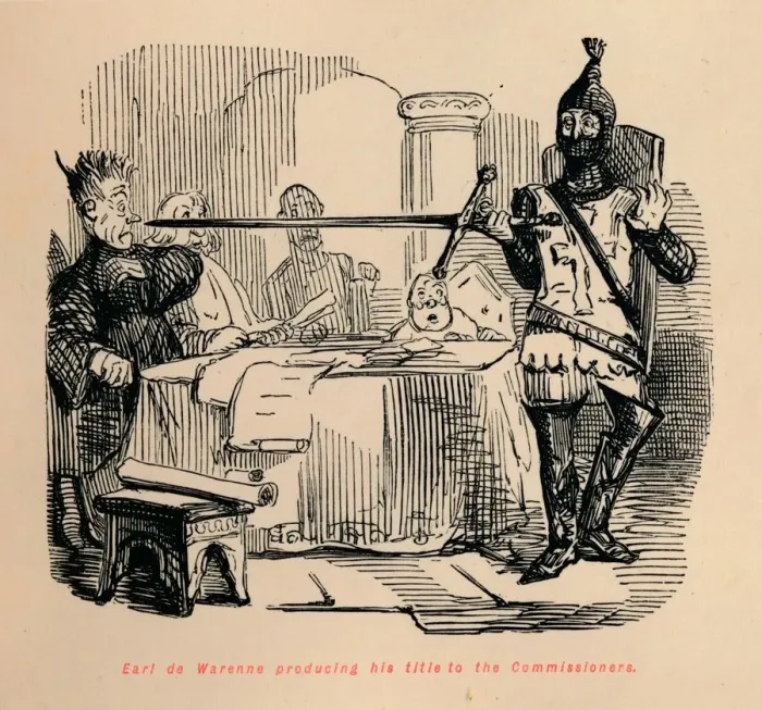 Framed Print : Earl de Warenne producing his title to the Commissioners, c1860, (c1860). Artist: John Leech Framed Print : Earl de Warenne producing his title to the Commissioners, c1860, (c1860). Artist: John Leech