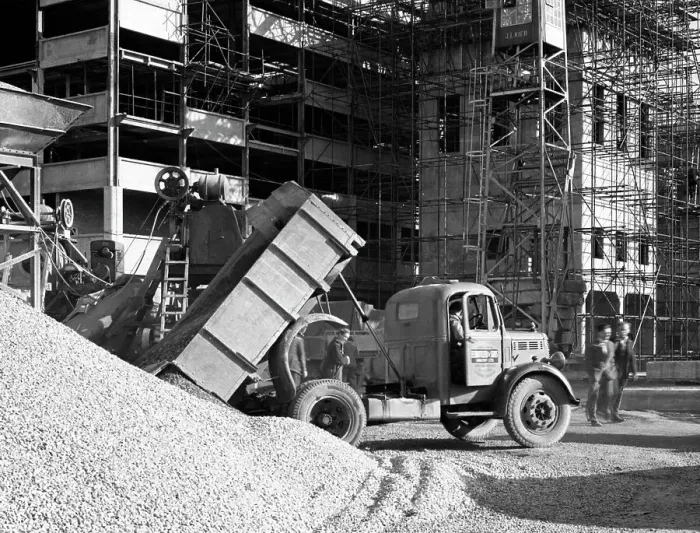 Framed Print : Early 1950s Bedford M Tipper delivering aggregates to a building site, South Yorkshire, July 1954 Framed Print : Early 1950s Bedford M Tipper delivering aggregates to a building site, South Yorkshire, July 1954