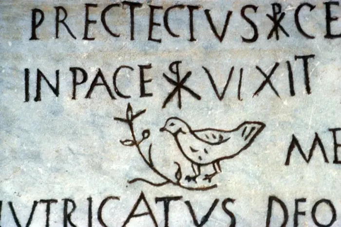 Framed Print : Detail of early Christian funerary inscription from the Catacombs of Rome, c3rd century Framed Print : Detail of early Christian funerary inscription from the Catacombs of Rome, c3rd century