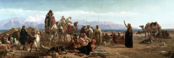 Framed Print : Early morning in the wilderness of Shur, 1860. Artist: Frederick Goodall Framed Print : Early morning in the wilderness of Shur, 1860. Artist: Frederick Goodall